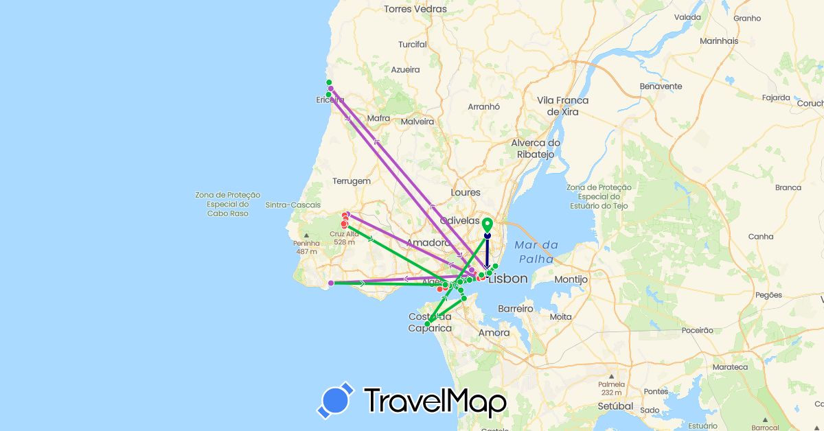 TravelMap itinerary: driving, bus, train, hiking in Portugal (Europe)